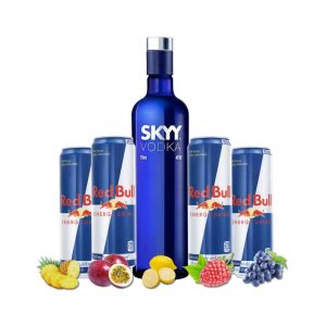 Botella de Vodka Skyy con 4 Red Bull